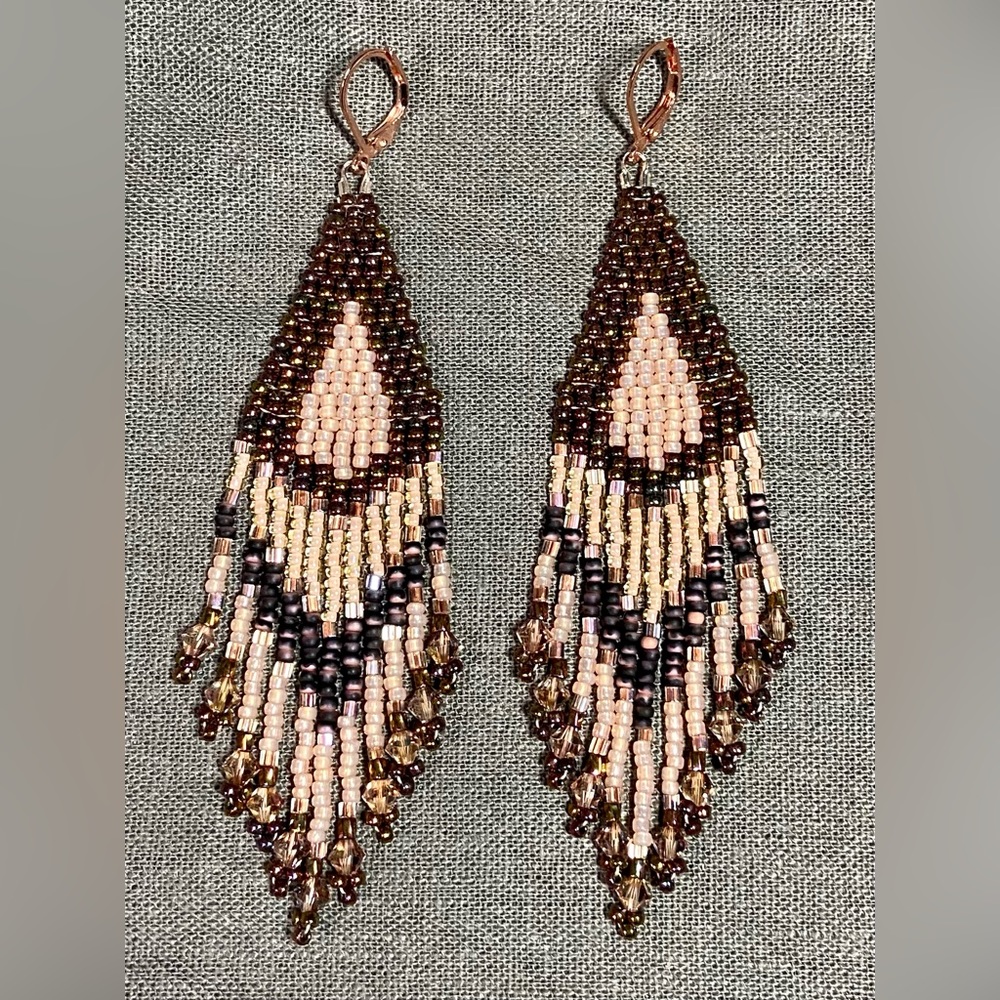 Teardrop Beaded Earrings Iridescent Brown and Coppery Peach